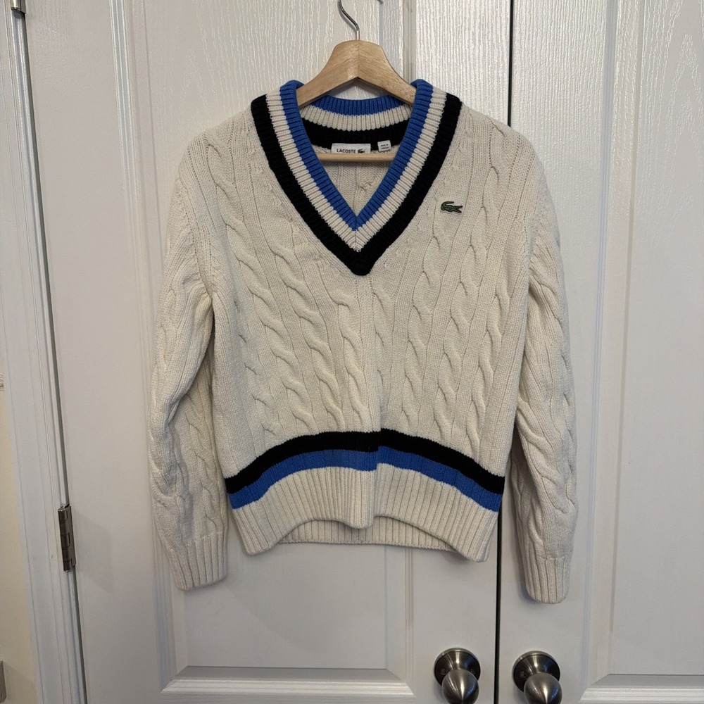 Lacoste Women's Chunky Wool Blend V-Neck Cable Knit Sweater Size: EU 38 - US Sm